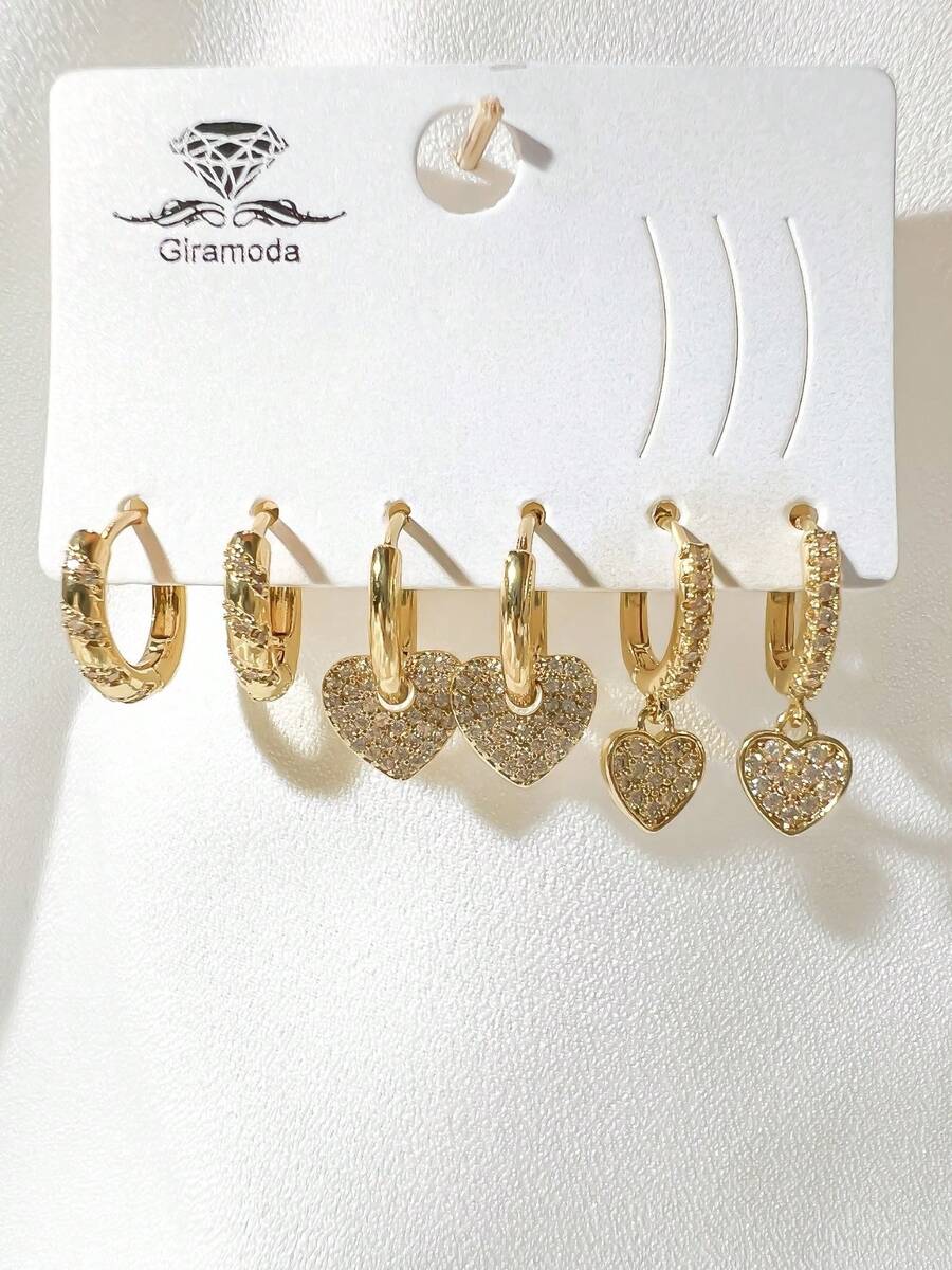 Kit Of 3 Earrings Studded With Zirconia Stone, Small Hoop, Heart Pendant, 18k Gold Plated And 925 Silver - 47 - Xem 1