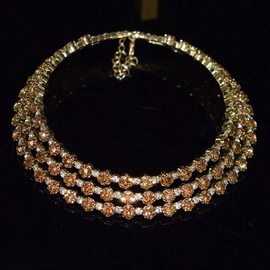 Multi-Layer Crystal Necklace, Adjustable Rhinestone Choker Necklace For Women - Gold White + Yellow Diamond - View 1
