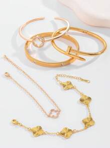 Set de 5 piezas de brazaletes de joyería con adorno de trébol dorado de moda casual, adecuado como regalo para mamá, amigos, familia, esposa, novia, compañeros de clase para festividades
