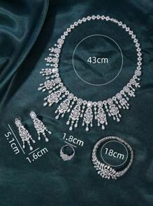 4pcs/Set Silver Color Cubic Zirconia Luxury Necklace, Earrings, Bracelet, Open Ring Party Jewelry Set For Women, Wedding & Banquet Wear