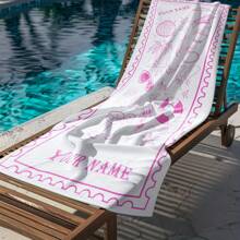 حوله شاطئ ناعمة جداً قابلة للتخصيص قياس كبير ، خفيفة الوزن ، سريعة الجفاف ، مناسبة للسباحة والتخييم والنزهة - مطبوعة باسمك - باللون الأبيض والوردي مع رسومات إكسسوارات الشاطئ