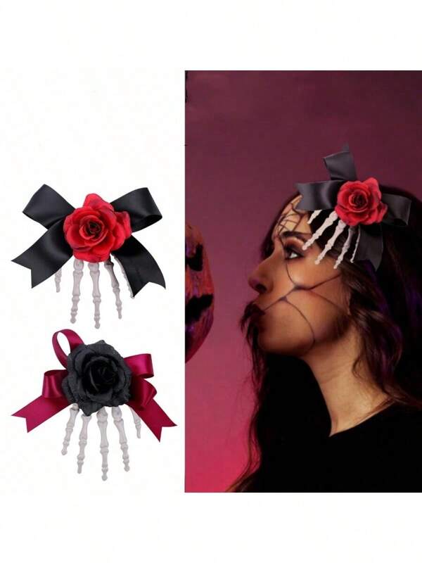 1 peça de grampo de cabelo de esqueleto de caveira de Halloween, grampo de cabelo de mão fantasma com laço de rosa de terror, acessório de cabelo para festa (estilo aleatório)