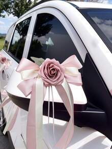 1PC婚车后视镜门把手蝴蝶结装饰欧美复古色车队花，婚礼椅背花车花两用扎花，缎带玫瑰扎花婚庆用品 - 彩色 - 查看 5