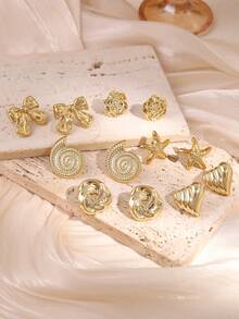 6 对时尚简约金色海星、贝壳、蝴蝶结、心形、玫瑰花耳钉套装 - 金色 - 查看 2