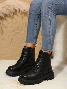 Botas de Moda Feminina de Estilo Preppy, Botas Ankle com Forro Térmico e Zíper Lateral, Botas Femininas de Cano Médio, Sola Grossa Anti-Derrapante, Botas Casuais de Inverno