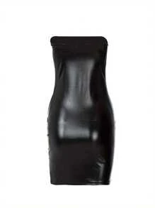 Women Sexy Tube Top Dress Sleeveless Backless Slim Elastic PU Leather Black Mini Dress Hip Tee Skirt