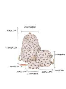 3 Pieces Set Solid Color Nylon Casual Fresh Style Strawberry, Bow Knot, Cherry Allover Printed Lanyard, Foldable Large Capacity Zipper Backpack, Suitable For Women,College Students, Going To School, Shopping, Travel Storage Bag