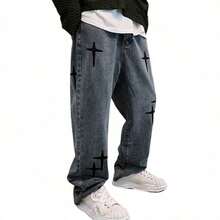 男士时尚宽松直筒交叉星星休闲牛仔裤 - 深色水洗藍 - 查看 5