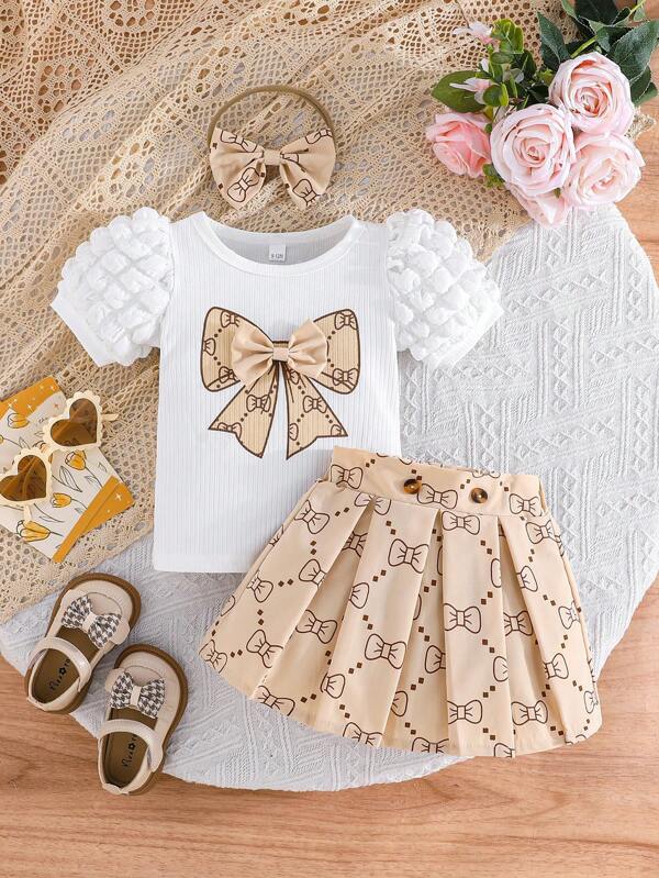 2pcs Baby/Baby Girl Set: Puff Sleeve Tie Front Top And Stylish Pleated Skirt With Headband, Summer