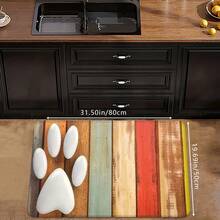 1 pieza Felpudo vintage de madera de colores y estampado de huella de pata blanca para cocina, alfombrilla de baño suave y absorbente antideslizante, alfombra decorativa de entrada para vacaciones, alfombra decorativa rectangular de pelo bajo para sala de estar, dormitorio, cocina, entrada