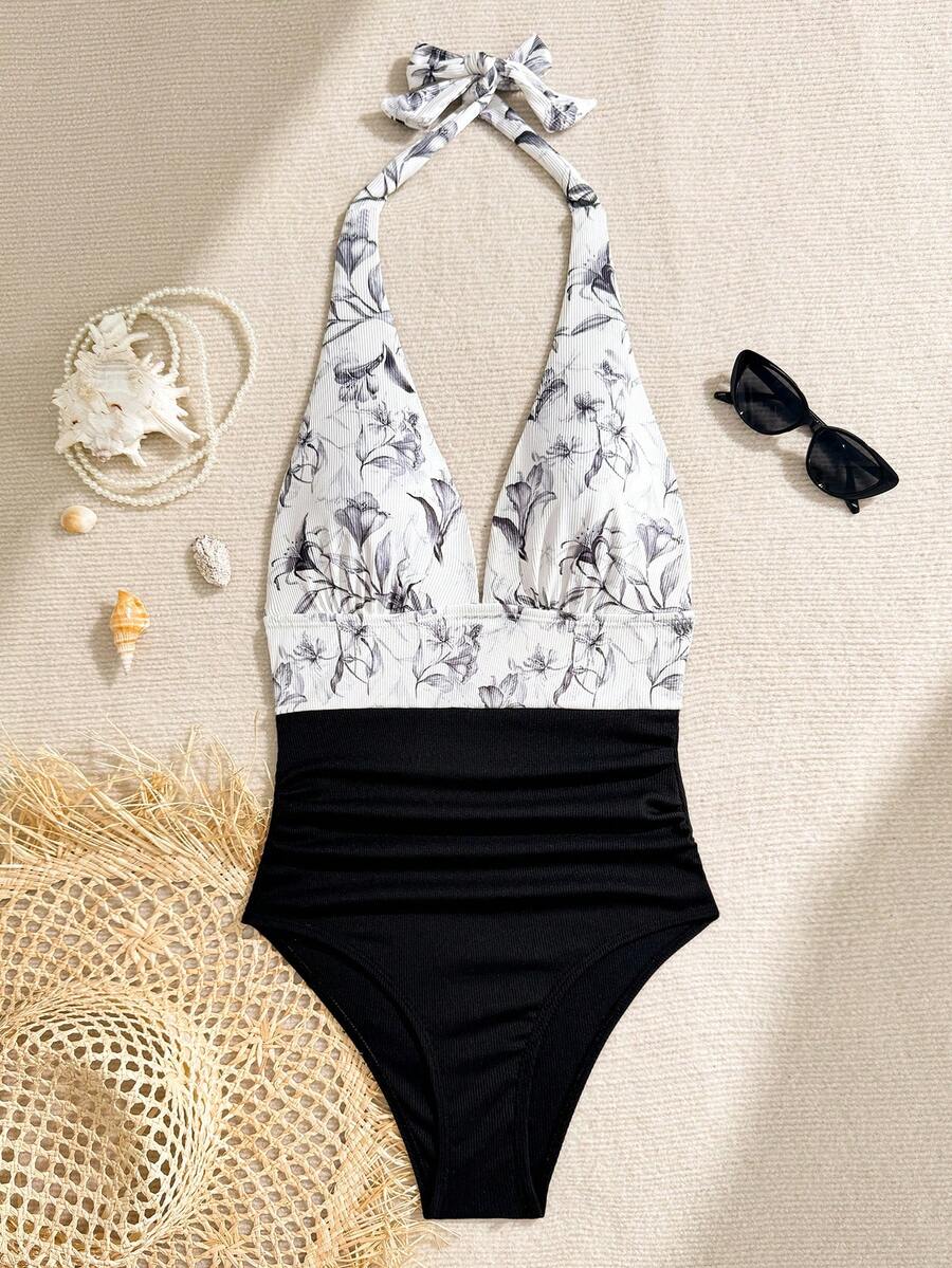 1pc Floral Print Casual Elegant Sexy Backless Tied Knitted Fabric Beach Vacation Travel Sports & Fitness Dress, All Season