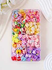 50pcs/Set Random Mix Color & Design Bow Elastic Hair Bands, Cute Flower Vegetable Fruit Strawberry Hair Accessories, Suitable For Girls Daily Use