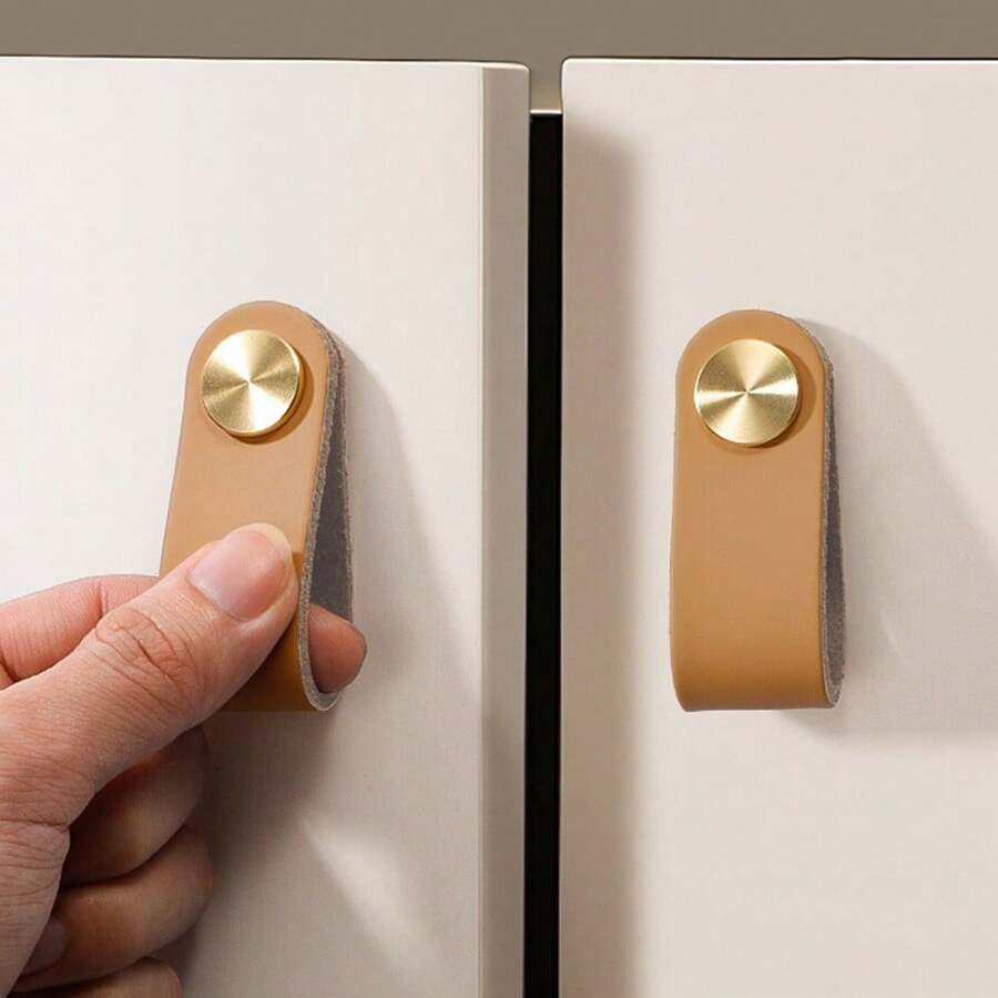 2pcs Synthetic Leather Cabinet Drawer Handles, American Modern Furniture Door Knobs, Kitchen/Dresser/Kids Room Drawer Pulls - Coffee Brown - View 1