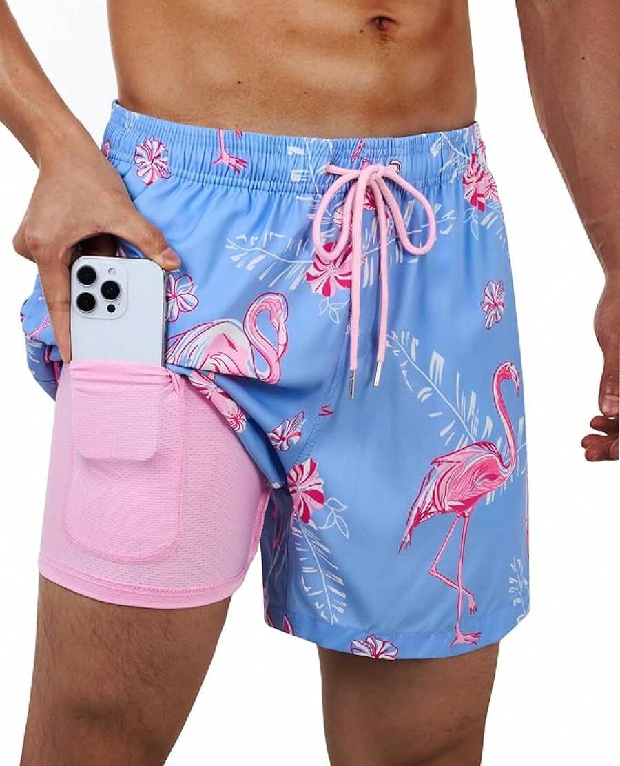 Bañador para hombres con entretela de compresión de 5 pulgadas de entrepierna, traje de baño forrado para hombres - Flamenco azul - Ver 1