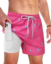 Bañador de hombre con forro de compresión, pantalón corto de baño de 5 pulgadas de entrepierna para hombres - Tucán rosa - Ver 1