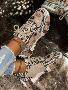 Zapatos deportivos de mujer decorados con cristales y piedras preciosas brillantes para otoño/invierno, zapatillas informales con plataforma de moda, zapatos planos cómodos y multifuncionales con cordones blancos, tallas grandes - Caqui - Ver 3