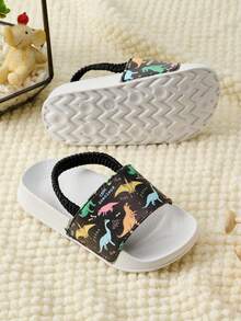 1 Pair Infant Boys' Comfortable, Fashionable, Casual, Lightweight, Cute Cartoon Dinosaur Pattern Indoor Home Slippers, Suitable For Summer - Black and White - View 2