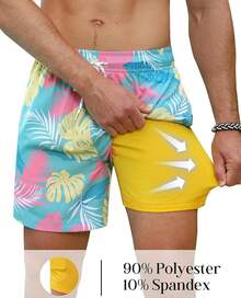 Mens Swim Trunks With Compression Lined Short Bathing Suits For Men 5 Inch Inseam Liner Men's Swimming Trunk - Green Leaf - View 3