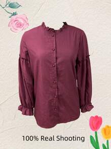 Women's Elegant, Graceful, And Cute Fashionable Minimalist Design Blouses Tops Spring And Fall Solid Color Long Sleeve Button-Up Round Neck Ruffle Trim Shirt Versatile For Office, Vacation, And Commuting Attire