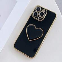 镀金心形支架和镀金手机壳，兼容 17/16e/15/14/13/12/11/XS/XR/X/7/8 Plus/Pro Max、Galaxy S25/S24U/S23/A55/A54/A35/A25/A15/A16/A17/A07，电镀保护壳 - 黑色 - 查看 7