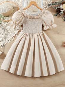 Young Girl Casual Elegant Square Neck Puff Sleeve Rose Print Dress, Spring/Summer
