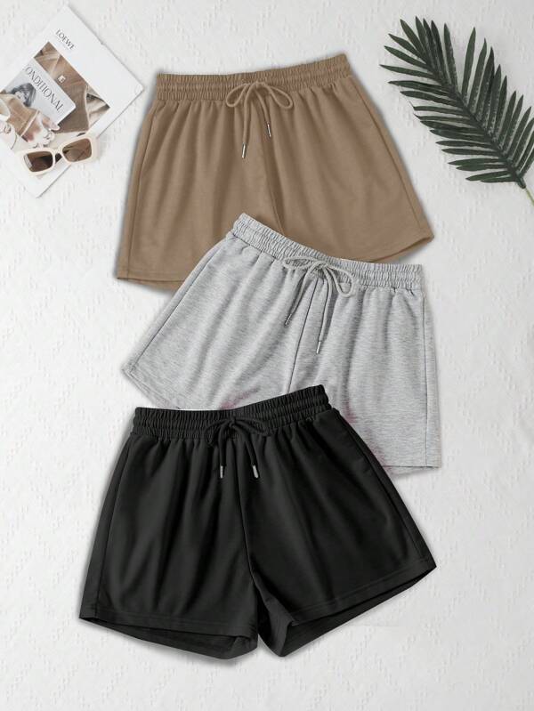 3 paquetes de pantalones cortos deportivos elásticos de cintura sólida anudada y relajada