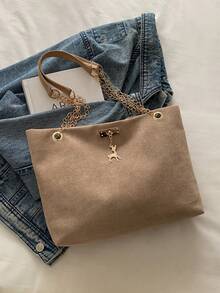 1pc Polyester Deer Pattern Decorative Large Capacity Zipper Shoulder Tote Bag, Suitable For Women's Daily Use - Khaki - View 4