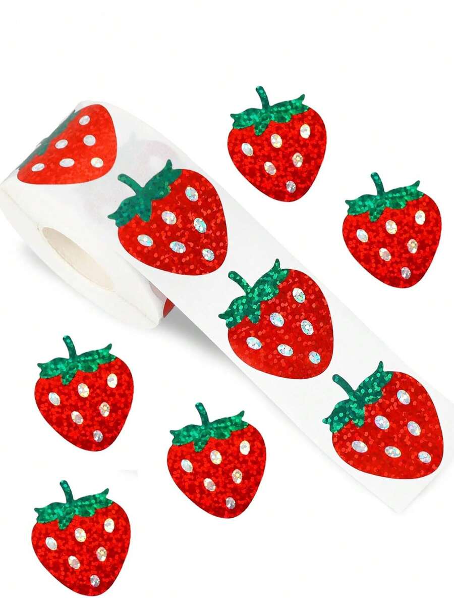 500pcs Shiny Strawberry Stickers, Laser Red Berries Fruit Sealing Stickers, Self-Adhesive Labels For Packaging, Decoration, Birthday, Baby Shower, Party, Phone Case, Notebook, Cup