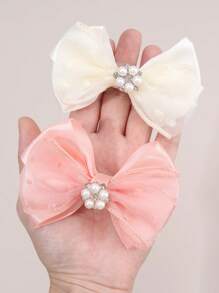 4 piezas Pinzas de pelo con lazos de tela rosada y blanca para niñas, moños de perlas falsas, accesorios de pelo elegantes para niños y niñas pequeñas para uso diario, regalos