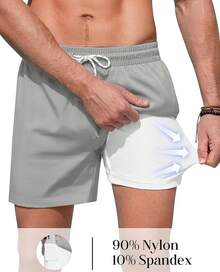 Mens Swim Trunks With Compression Lined Short Bathing Suits For Men 5 Inch Inseam Liner Men's Swimming Trunk - Light Grey - View 3