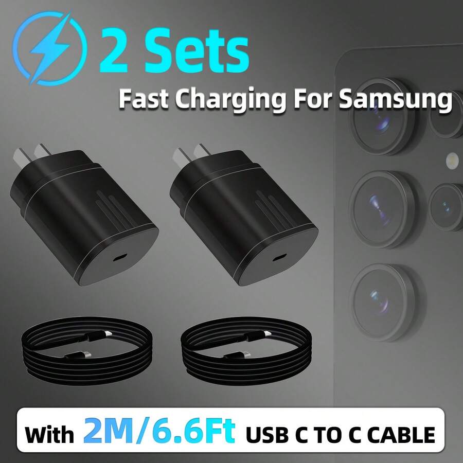 Topadre 25W 超快速壁式充电器，配备 3.3/6.6 英尺 USB C 转 Type C 快速充电线，兼容 Galaxy S24 S23 S22 S21 S21+/S21 Ultra/S20/S20 Ultra/Note 20 Ultra/Note 10，支持超快速充电，USB C 充电器，Type C 充电器 Nan - 美規A型插(110-127V) - 查看 1