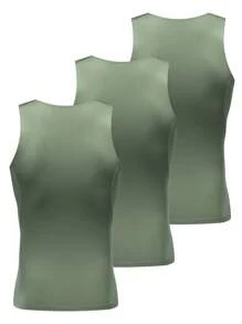 3 Piezas Chaleco conformador verde para hombres, chaleco ajustado de seda de leche, elástico y cómodo para deportes al aire libre, entrenamiento, carrera, baloncesto, fútbol, capa base deportiva de secado rápido, transpirable y cómoda para usar en primavera y verano, regalo