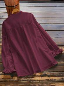 Women's Elegant, Graceful, And Cute Fashionable Minimalist Design Blouses Tops Spring And Fall Solid Color Long Sleeve Button-Up Round Neck Ruffle Trim Shirt Versatile For Office, Vacation, And Commuting Attire
