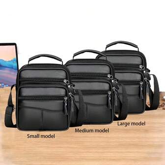 Bolso de hombro casual de cuero genuino multifuncional y ajustable para hombres, color negro