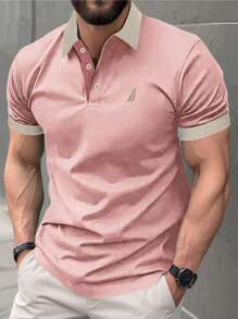 Men's Contrast Color Casual Polo Short Sleeve T-Shirt, Summer Sports Style