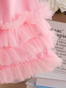 Vestido para niñas, vestido de verano, Vestido rosa de malla de moda para chicas, Vestir de princesa con decoración de dobladillo de encaje + Decoración de cordón, Incluye bolso, Vestimenta de fiesta para exteriores, vacaciones, viajes
