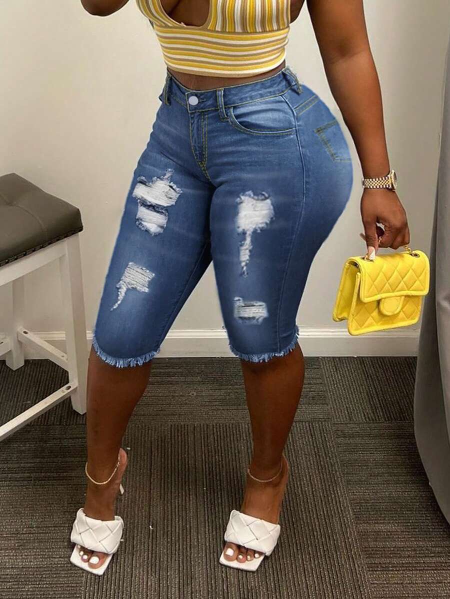 High-Quality Hot Tight Jeans Shorts Female Summer Thin Casual Slim Hot Pants Sexy Hot Girl Package Hip Shorts - 深色水洗藍 - 查看 1