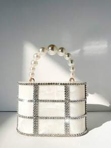 1pc Hollow-Out Rhinestone Decor Party Gala Metal Chain & Pearl Handbag For Women, Detachable
