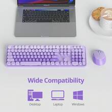 Wireless Keyboard And Mouse Set, Cute Keyboard And Mouse Combo, Full Size Typewriter Keyboard With Number Pad, Colorful Keyboard With Round Keycaps For Windows PC Laptop - 紫色 - 查看 6