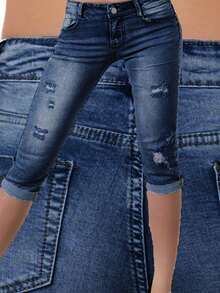 Women's Elegant Casual Ripped Cuffed Capri Jeans, Suitable For Commuting And Outings In Autumn - Dark Wash - View 5