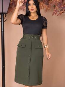 Women's Elegant Tailored Midi Skirt With Belt And Pocket Evangelical Fashion - 軍綠色 - 查看 6