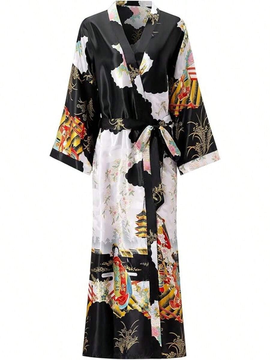 Women's Floral Long Satin Robes Plus Size Long Silk Robes Peacock Floral Kimonos Sleepwear Dressing Gown - 圖案 | 黑色 - 查看 1