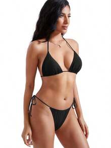 Bikini brasileño sexy para mujer, conjunto de 2 piezas con top de tirantes finos y tanga - 071-cb Flor - Ver 11