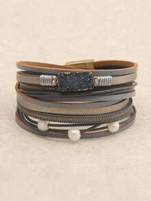 1pc Wide Faux Leather Gold Color With Random Zirconia Inlaid Bracelet, Everyday Wear, Gift For Girlfriend - Leather Bracelet - View 5