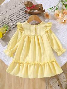 Baby Girl Solid Color Sweet Lovely Crochet 3D Flower Cap Sleeve Casual Dress, Suitable For Outdoor Wear - Yellow - View 3
