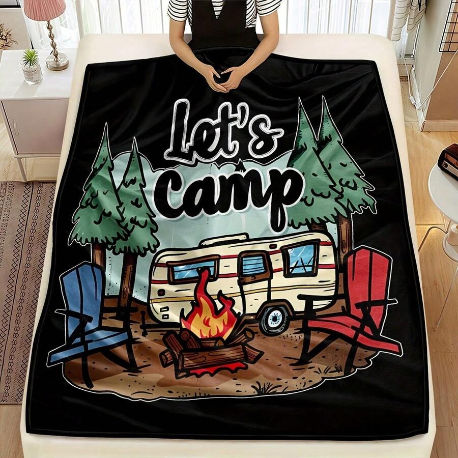 1pc Comfortable Vintage Camping RV Flannel Blanket With "Let's Camp" Design, Featuring Forest, Adirondack Chair And Campfire Prints - Great For Camping Lovers, Easter, St. Patrick's Day And Seasonal Farmhouse Decor - Multi-Purpose Picnic Blanket Or Gift Idea, Machine Washable, Year-Round Use, Camping Accessory - Multicolor - View 1