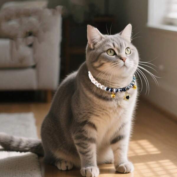 Colar elástico perolado para animais de estimação, colar/pingente de gato em liga de pérolas brilhantes, decoração de pescoço para cachorro pequeno