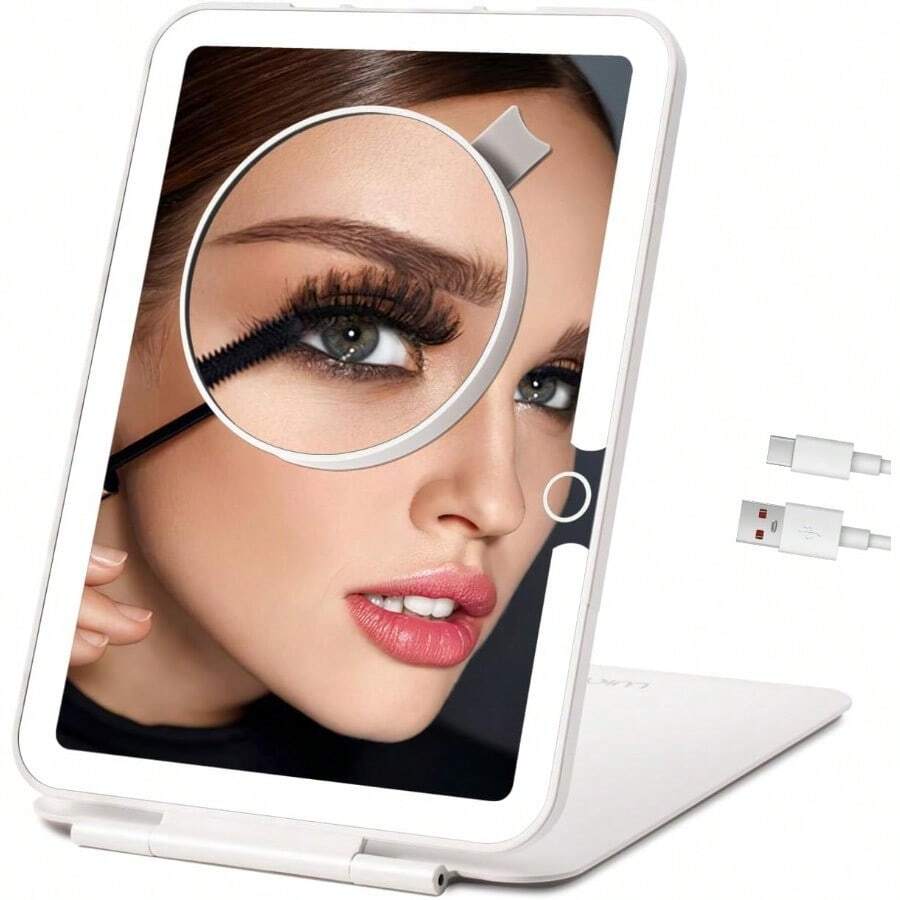 Rechargeable Travel Makeup Mirror With Lights Portable Lighted Vanity 10X Magnification 70 LEDs 3 Color Dimmable Touch Screen Tabletop Folding Compact Cosmetic - White - View 1