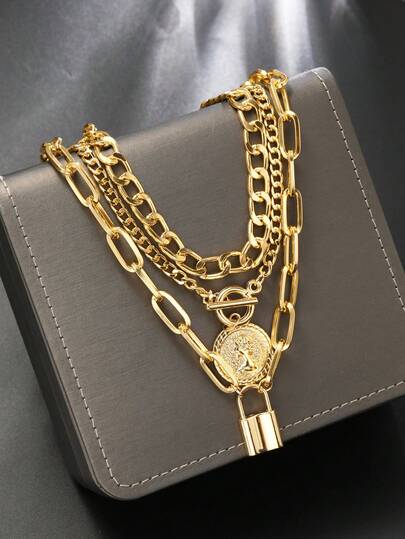 Set med 3 st djärva geometriska runda cirklar länkkedjor, minimalistisk metallstil breda grova kedjor, elegant vintage chic design för högtid, fest, vardagskläder, present