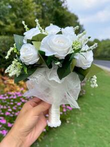 1PC Bridal Bouquet For Wedding; Lace Ribbon Tied Artificial White Rose Flower; Wedding Home Decoration; Wedding Ceremony; Bride's Hand-Held Flower; Church Wedding Ceremony Bridesmaid Prop; Outdoor Wedding Party Photography Decoration Prop